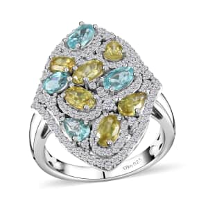 Premium Sava Sphene and Multi Gemstone Elongated Ring in Platinum Over Sterling Silver (Size 10.0) 3.50 ctw