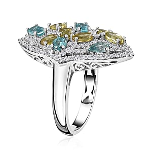 Premium Sava Sphene and Multi Gemstone Elongated Ring in Platinum Over Sterling Silver (Size 10.0) 3.50 ctw