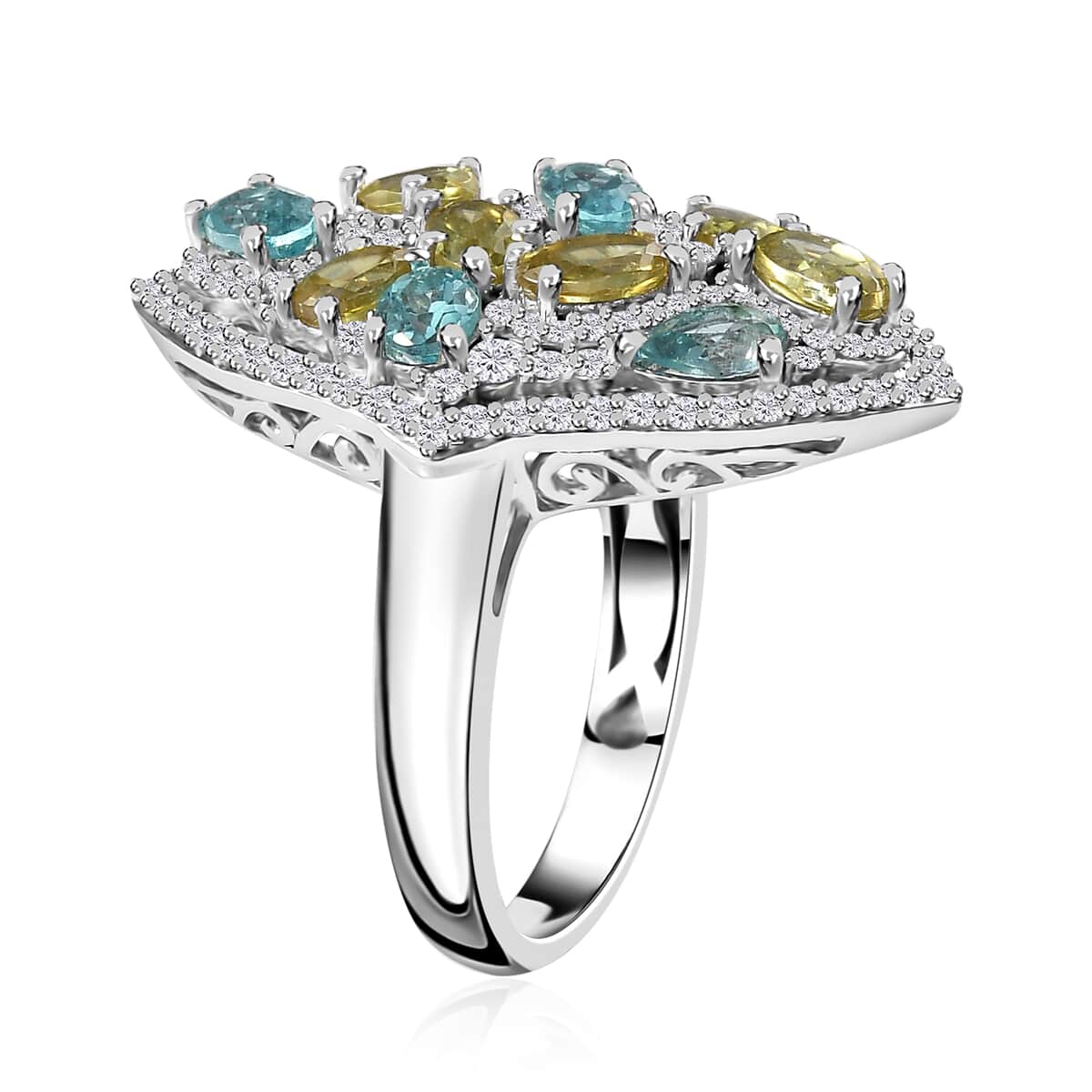 Premium Sava Sphene and Multi Gemstone Elongated Ring in Platinum Over Sterling Silver (Size 10.0) 3.50 ctw image number 3