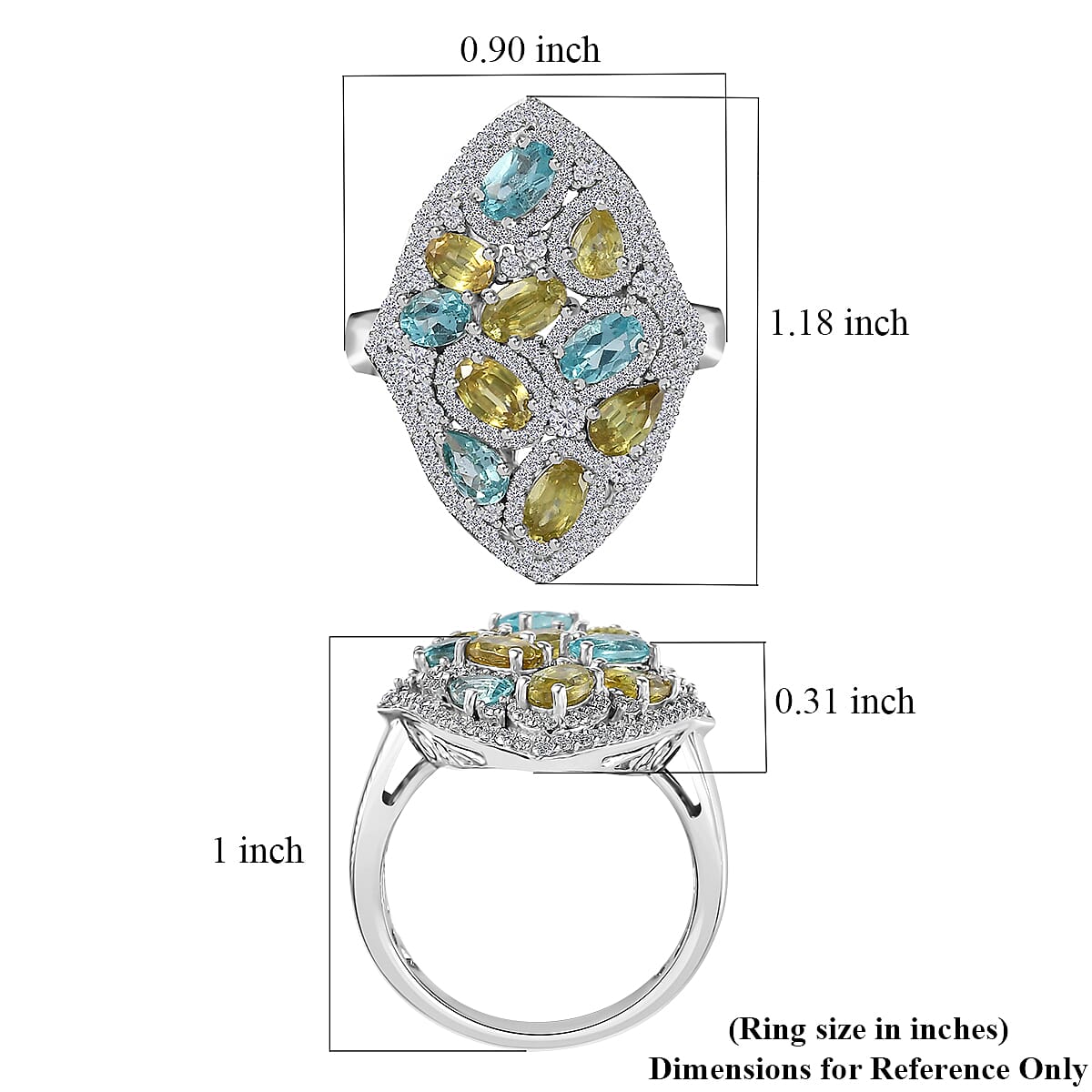 Premium Sava Sphene and Multi Gemstone Elongated Ring in Platinum Over Sterling Silver (Size 10.0) 3.50 ctw