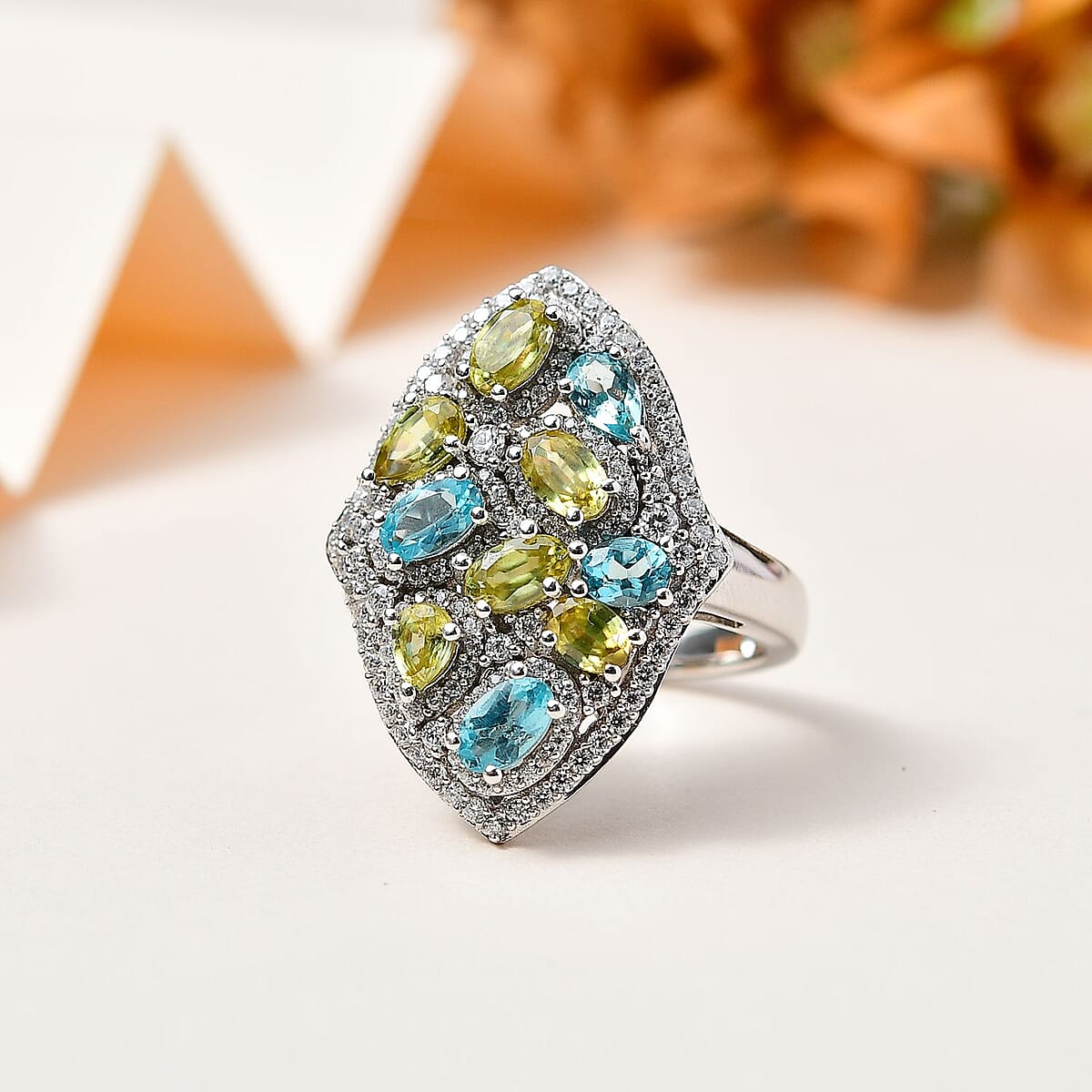 Premium Sava Sphene and Multi Gemstone Elongated Ring in Platinum Over Sterling Silver (Size 8.0) 3.50 ctw image number 1