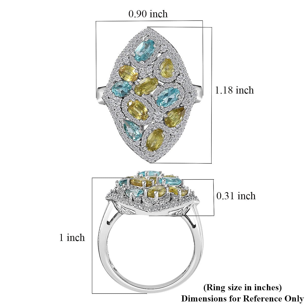 Premium Sava Sphene and Multi Gemstone Elongated Ring in Platinum Over Sterling Silver (Size 8.0) 3.50 ctw image number 5
