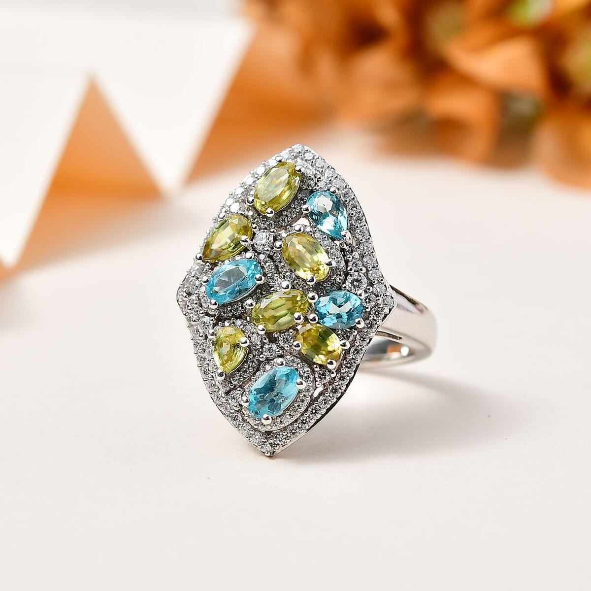 Premium Sava Sphene and Multi Gemstone Elongated Ring in Platinum Over Sterling Silver (Size 9.0) 3.50 ctw image number 1