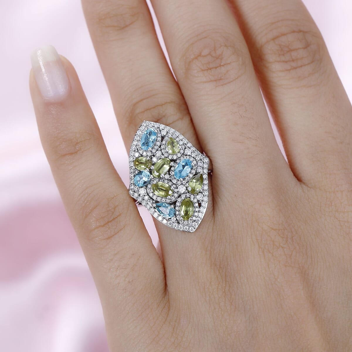 Premium Sava Sphene and Multi Gemstone Elongated Ring in Platinum Over Sterling Silver (Size 9.0) 3.50 ctw image number 2