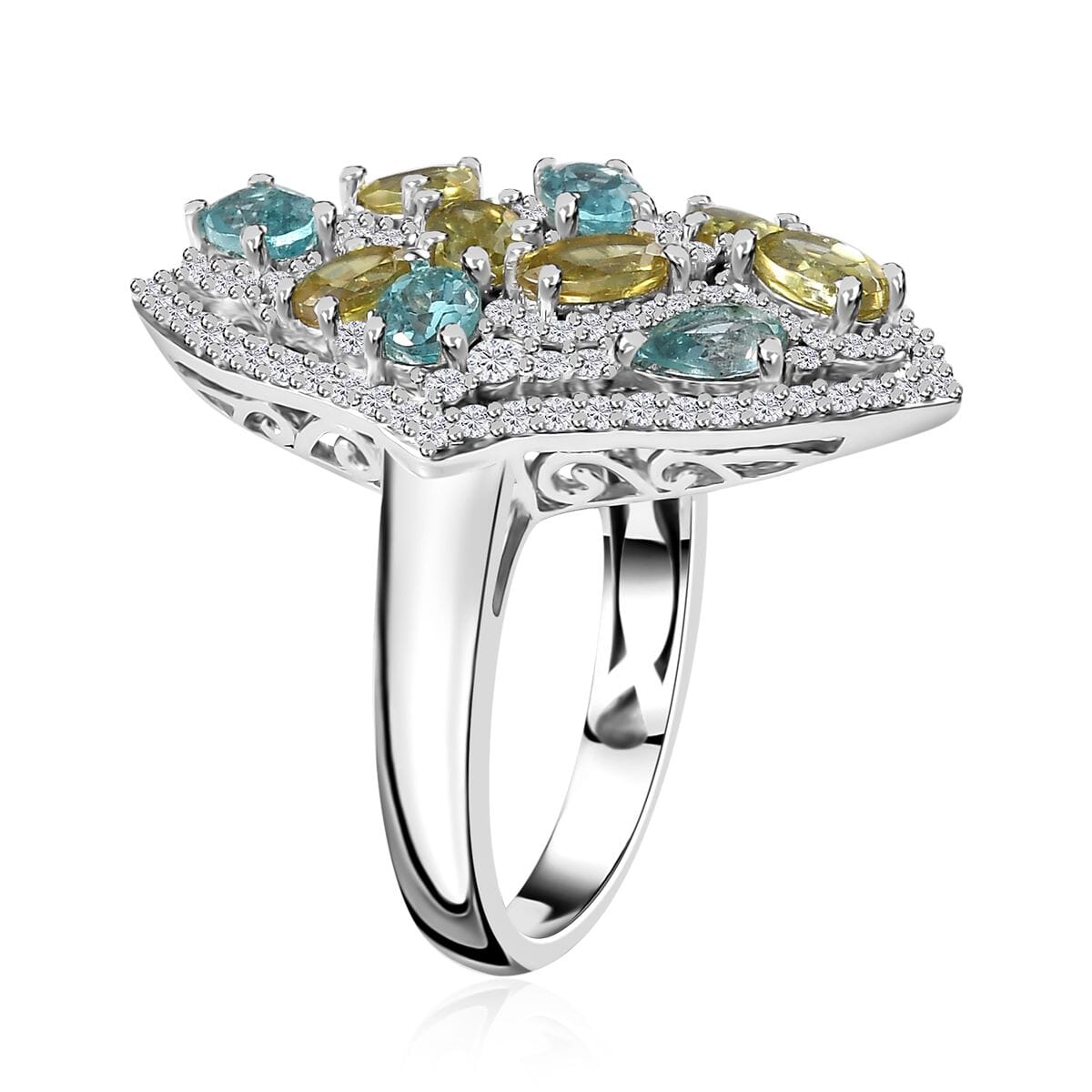 Premium Sava Sphene and Multi Gemstone Elongated Ring in Platinum Over Sterling Silver (Size 9.0) 3.50 ctw image number 3