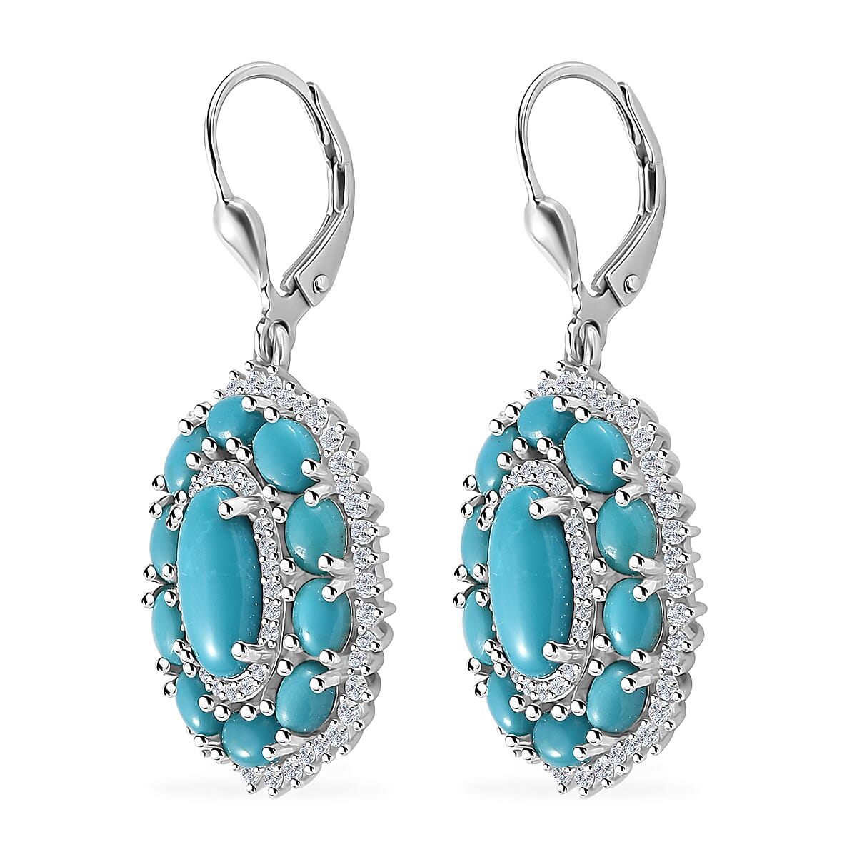 Premium Sleeping Beauty Turquoise and White Zircon 6.70 ctw Lever Back Earrings in Platinum Over Sterling Silver image number 3