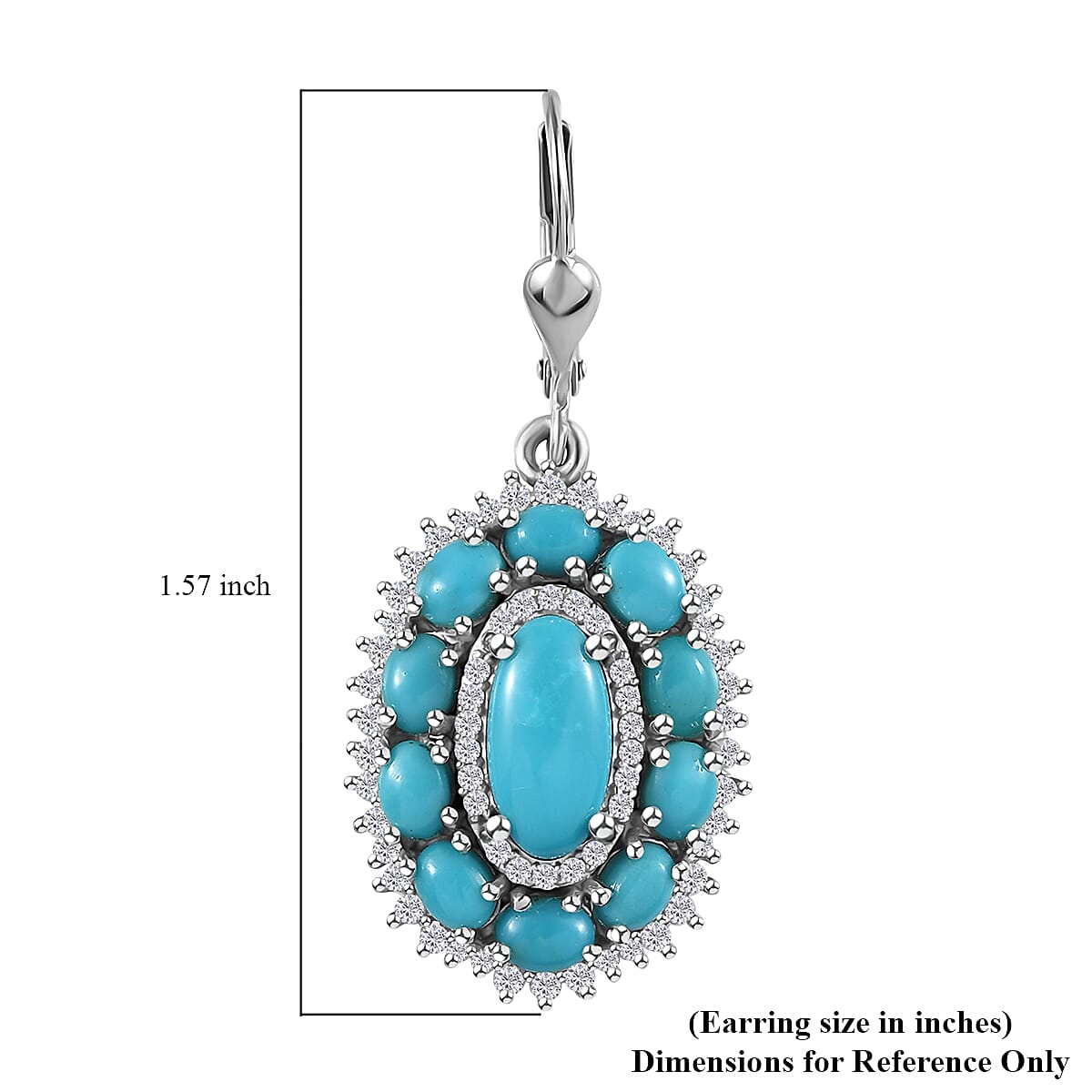 Premium Sleeping Beauty Turquoise and White Zircon 6.70 ctw Lever Back Earrings in Platinum Over Sterling Silver image number 5