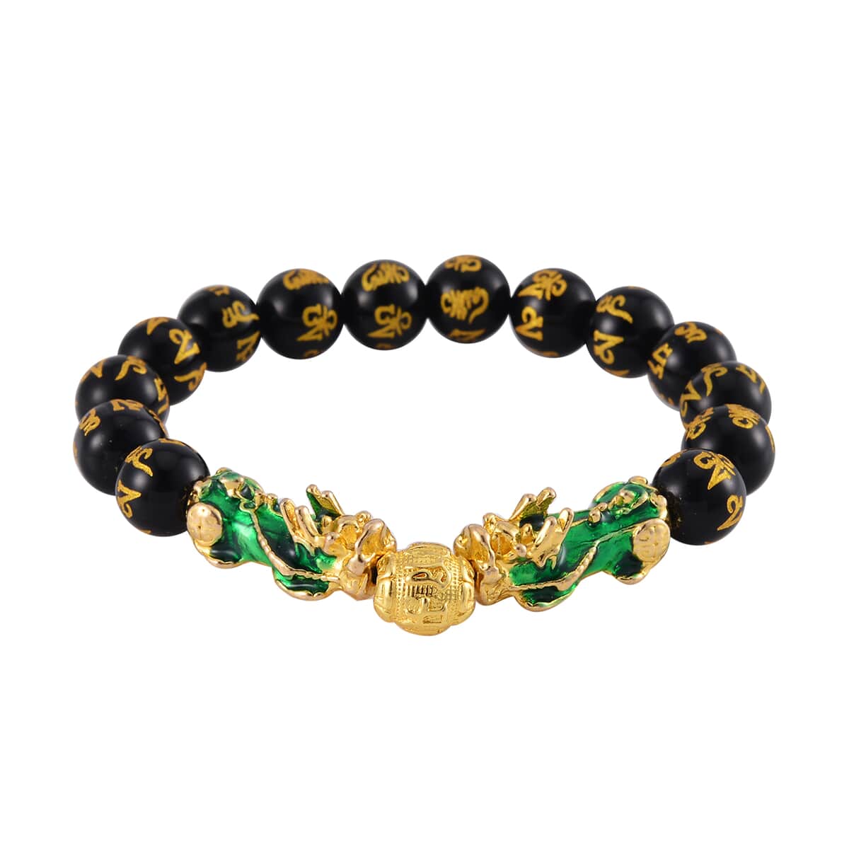 Feng Shui Black Obsidian Beaded Pixiu Stretch Bracelet in Goldtone 81.00 ctw image number 0