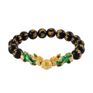 Feng Shui Black Obsidian Beaded Pixiu Stretch Bracelet in Goldtone 81.00 ctw