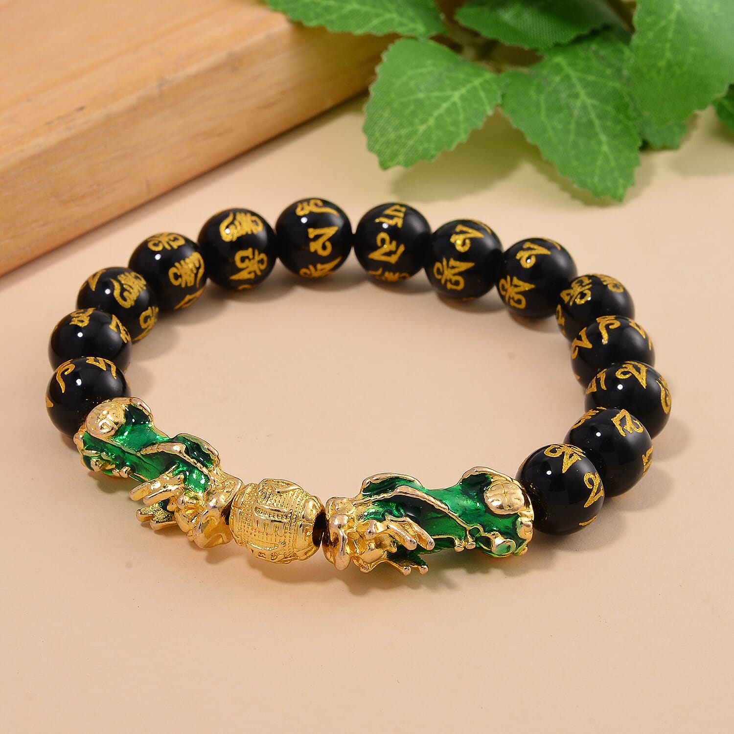 Feng Shui Black Obsidian Beaded Pixiu Stretch Bracelet in Goldtone 81.00 ctw