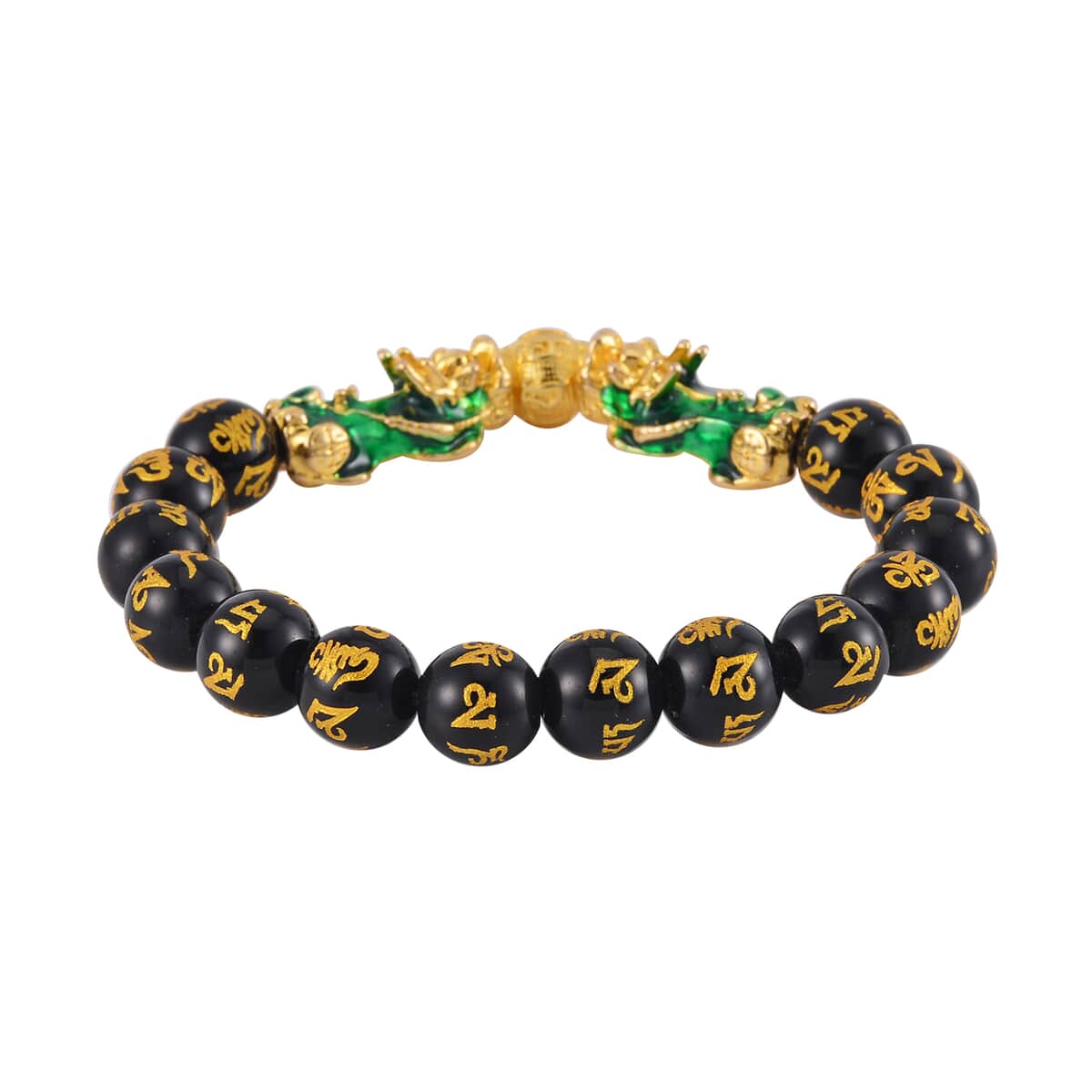 Feng Shui Black Obsidian Beaded Pixiu Stretch Bracelet in Goldtone 81.00 ctw image number 2