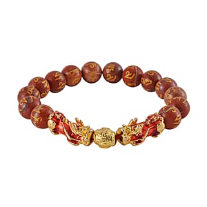 Feng Shui Red Jasper Beaded Pixiu Stretch Bracelet in Goldtone 81.00 ctw