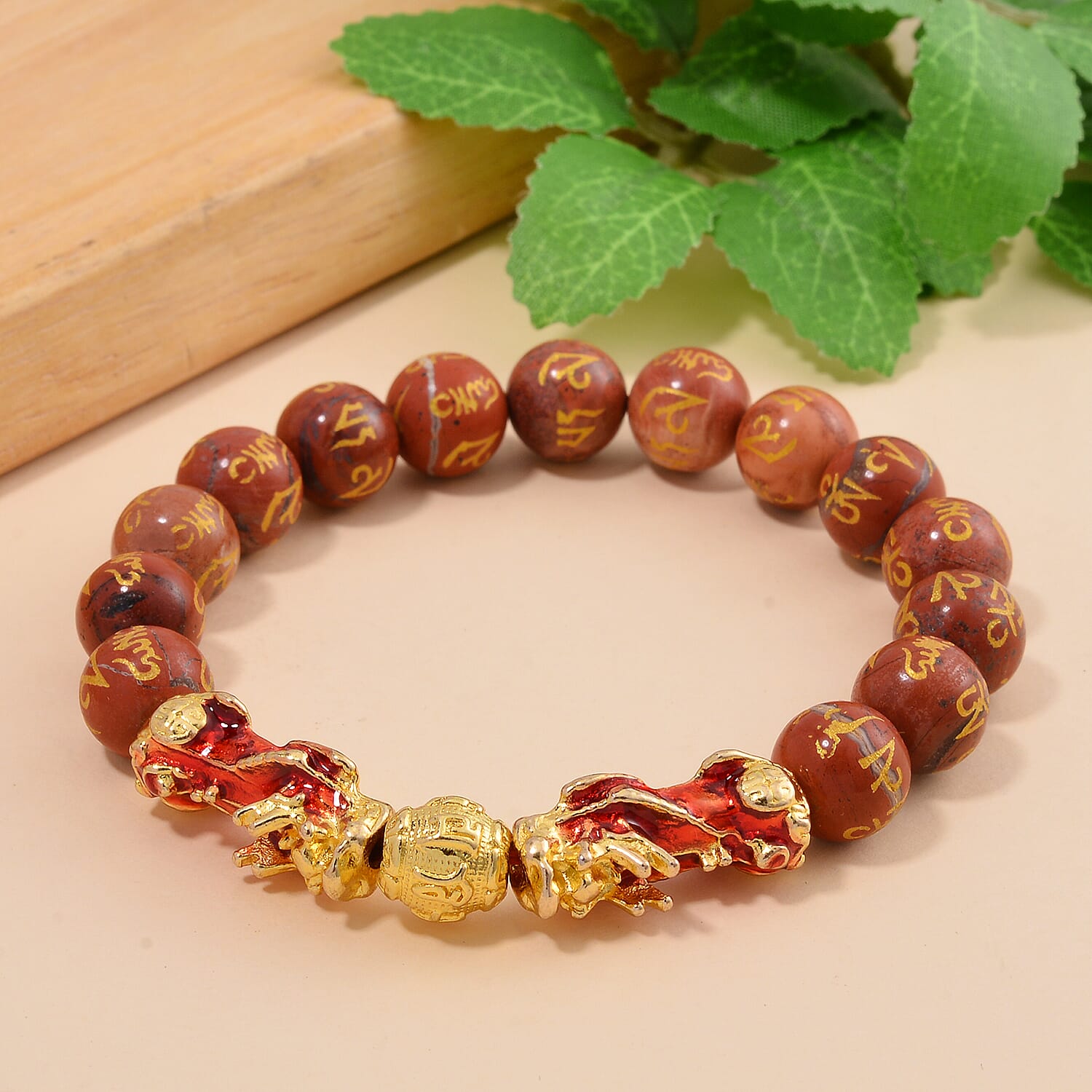 Feng Shui Red Jasper Beaded Pixiu Stretch Bracelet in Goldtone 81.00 ctw