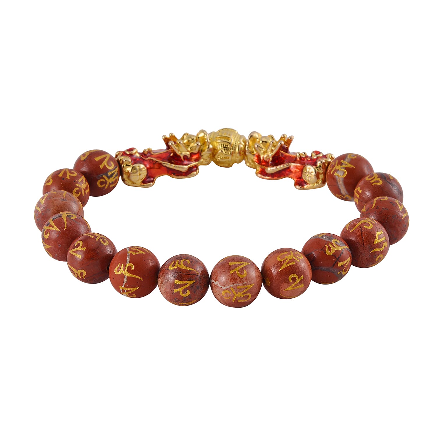Feng Shui Red Jasper Beaded Pixiu Stretch Bracelet in Goldtone 81.00 ctw