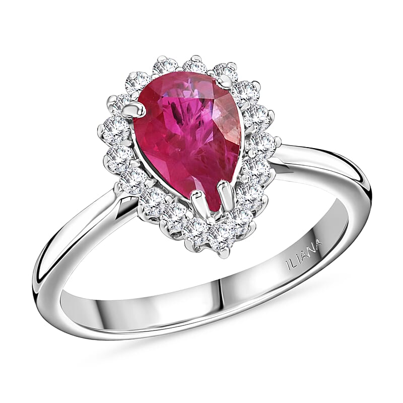 Certified & Appraised Iliana AAA Montepuez Ruby and G-H SI Diamond 1.50 ctw Halo Ring in 18K White Gold (Size 10.0)