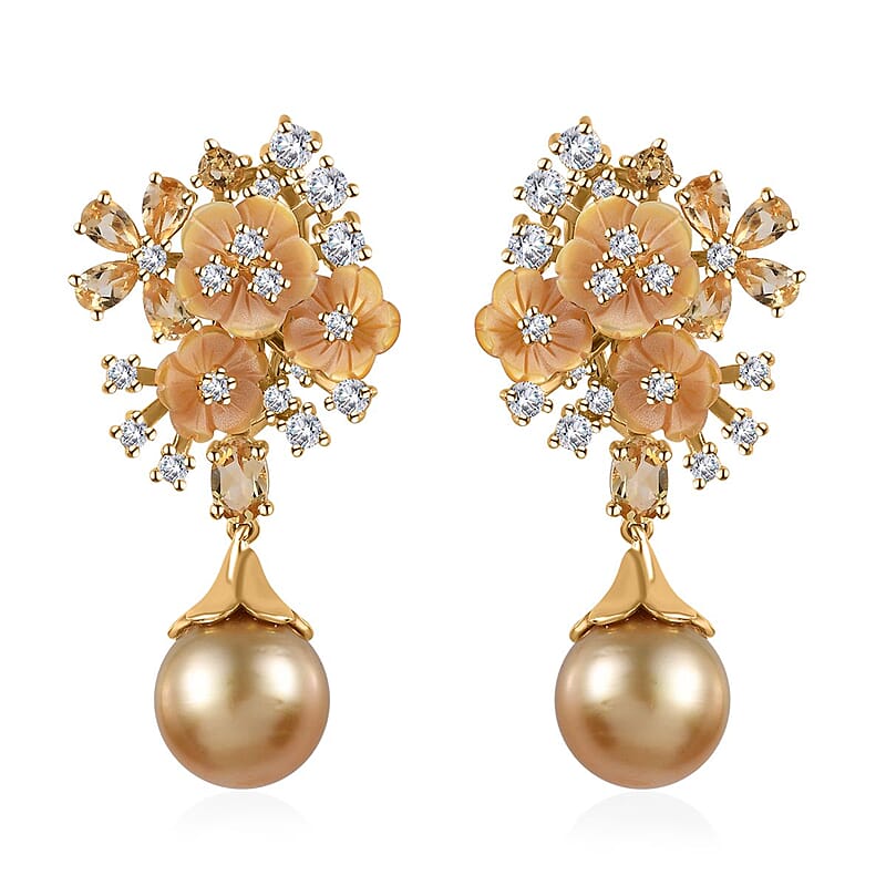 South Sea Golden Pearl and Multi Gemstone Dangling Earrings in Vermeil Yellow Gold Over Sterling Silver 5.50 ctw