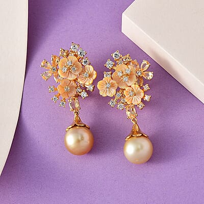 South Sea Golden Pearl and Multi Gemstone Dangling Earrings in Vermeil Yellow Gold Over Sterling Silver 5.50 ctw