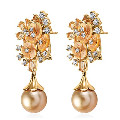 South Sea Golden Pearl and Multi Gemstone Dangling Earrings in Vermeil Yellow Gold Over Sterling Silver 5.50 ctw
