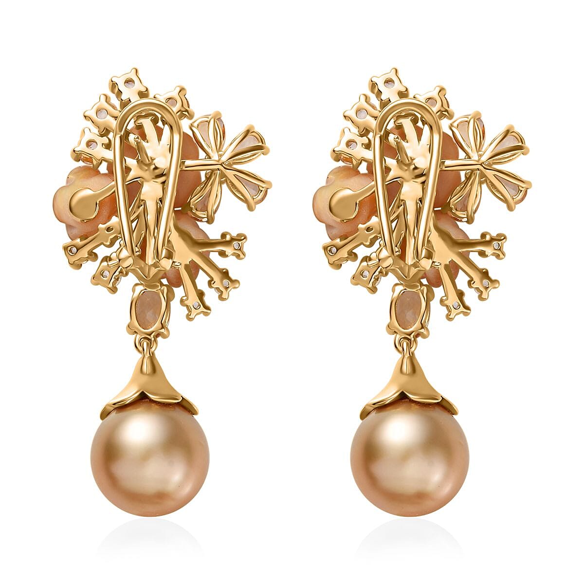 South Sea Golden Pearl and Multi Gemstone Dangling Earrings in Vermeil Yellow Gold Over Sterling Silver 5.50 ctw