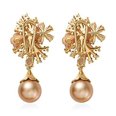South Sea Golden Pearl and Multi Gemstone Dangling Earrings in Vermeil Yellow Gold Over Sterling Silver 5.50 ctw
