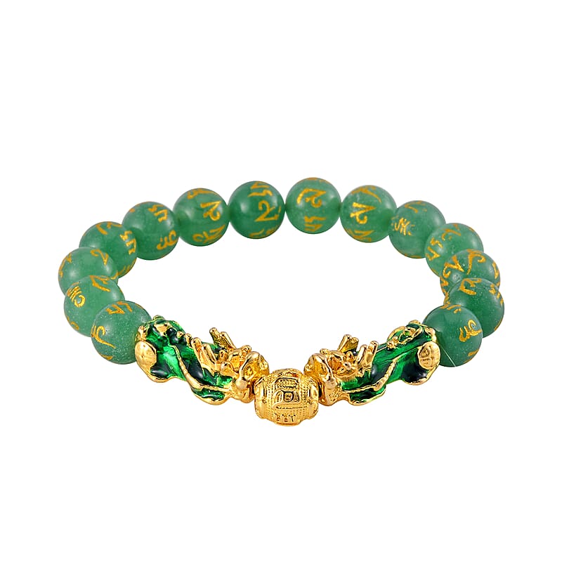 Feng Shui Green Aventurine Beaded Pixiu Stretch Bracelet in Goldtone 81.00 ctw