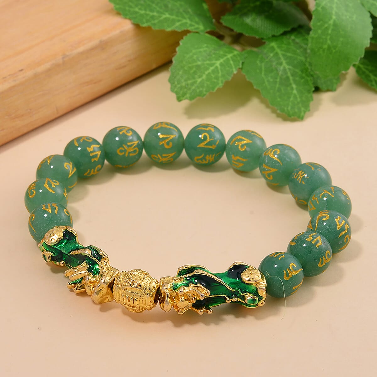 Feng Shui Green Aventurine Beaded Pixiu Stretch Bracelet in Goldtone 81.00 ctw image number 1