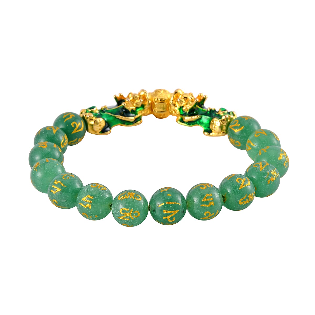 Feng Shui Green Aventurine Beaded Pixiu Stretch Bracelet in Goldtone 81.00 ctw image number 2