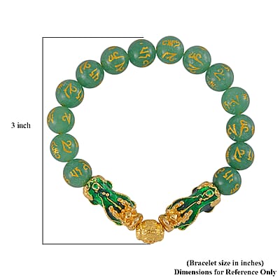 Feng Shui Green Aventurine Beaded Pixiu Stretch Bracelet in Goldtone 81.00 ctw