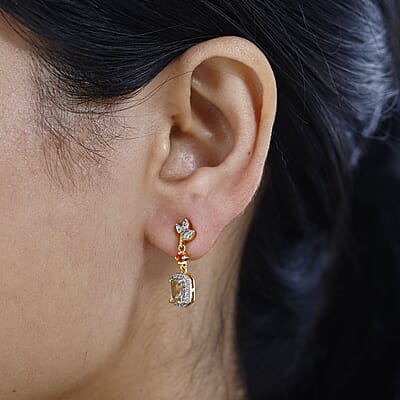 Radiant Cut AAA Turkizite and Multi Gemstone Dangling Earrings in Vermeil Yellow Gold Over Sterling Silver 1.90 ctw