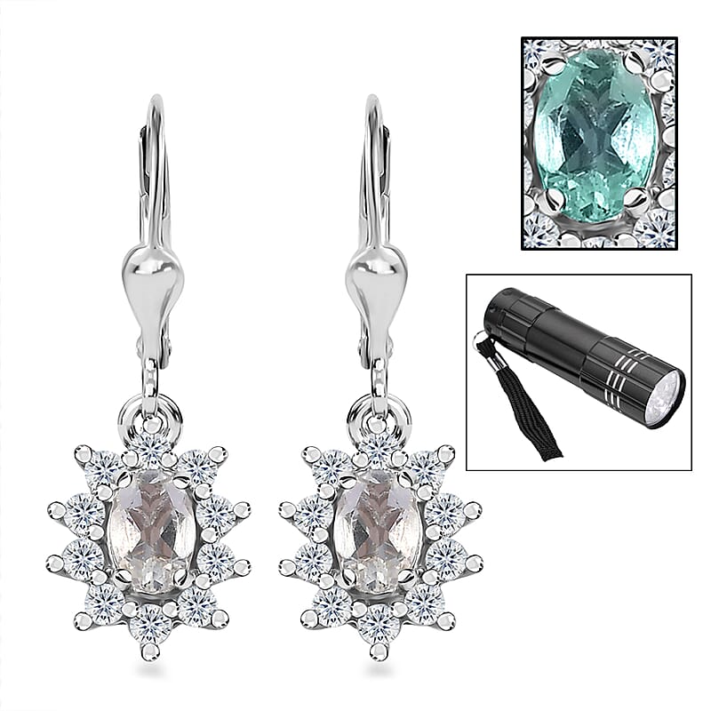 Mexican Hyalite Opal and White Zircon Sunburst Lever Back Earrings in Platinum Over Sterling Silver with Free UV Flash Light 1.65 ctw
