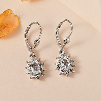 Mexican Hyalite Opal and White Zircon Sunburst Lever Back Earrings in Platinum Over Sterling Silver with Free UV Flash Light 1.65 ctw