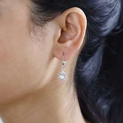Mexican Hyalite Opal and White Zircon Sunburst Lever Back Earrings in Platinum Over Sterling Silver with Free UV Flash Light 1.65 ctw
