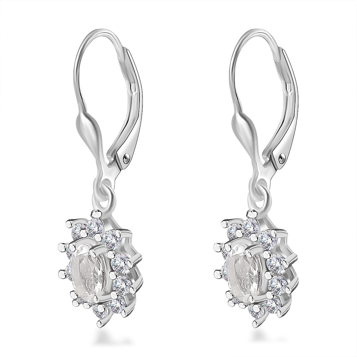 Mexican Hyalite Opal and White Zircon Sunburst Lever Back Earrings in Platinum Over Sterling Silver with Free UV Flash Light 1.65 ctw