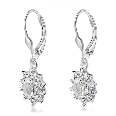 Mexican Hyalite Opal and White Zircon Sunburst Lever Back Earrings in Platinum Over Sterling Silver with Free UV Flash Light 1.65 ctw