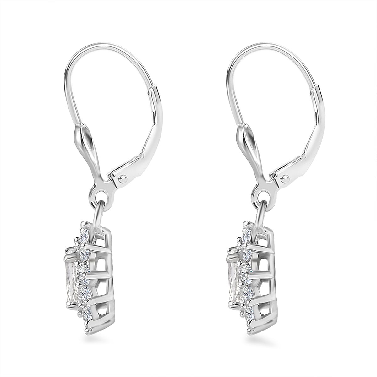 Mexican Hyalite Opal and White Zircon Sunburst Lever Back Earrings in Platinum Over Sterling Silver with Free UV Flash Light 1.65 ctw