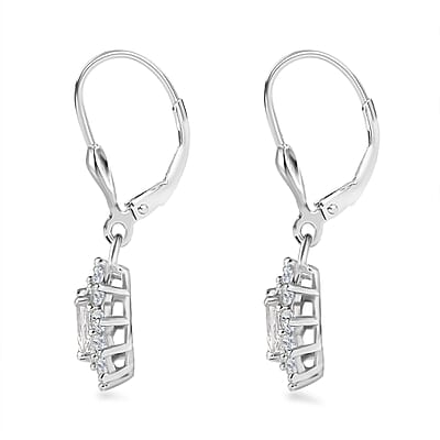 Mexican Hyalite Opal and White Zircon Sunburst Lever Back Earrings in Platinum Over Sterling Silver with Free UV Flash Light 1.65 ctw