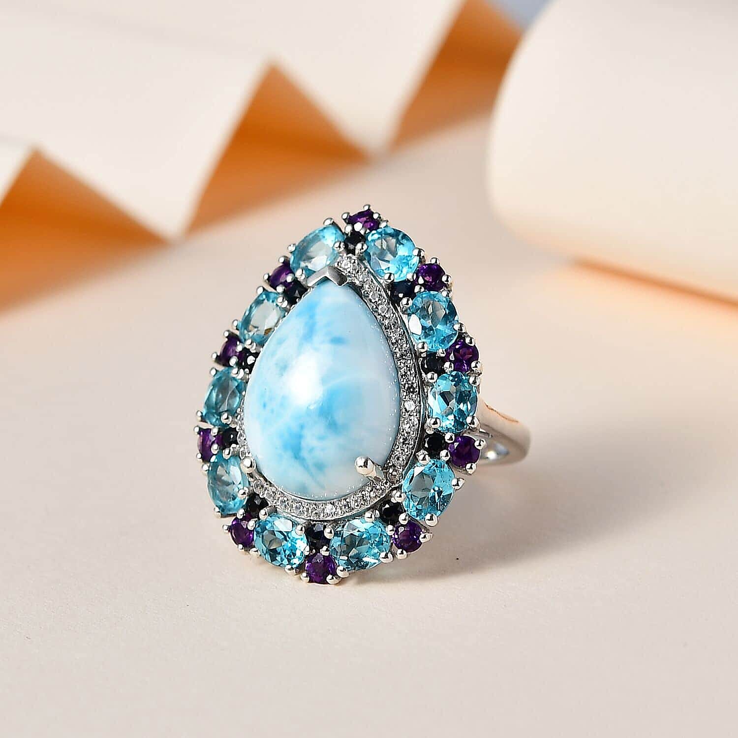 Larimar, Multi Gemstone Ring in Platinum Over Sterling Silver (Size 10.0) 20.40 ctw