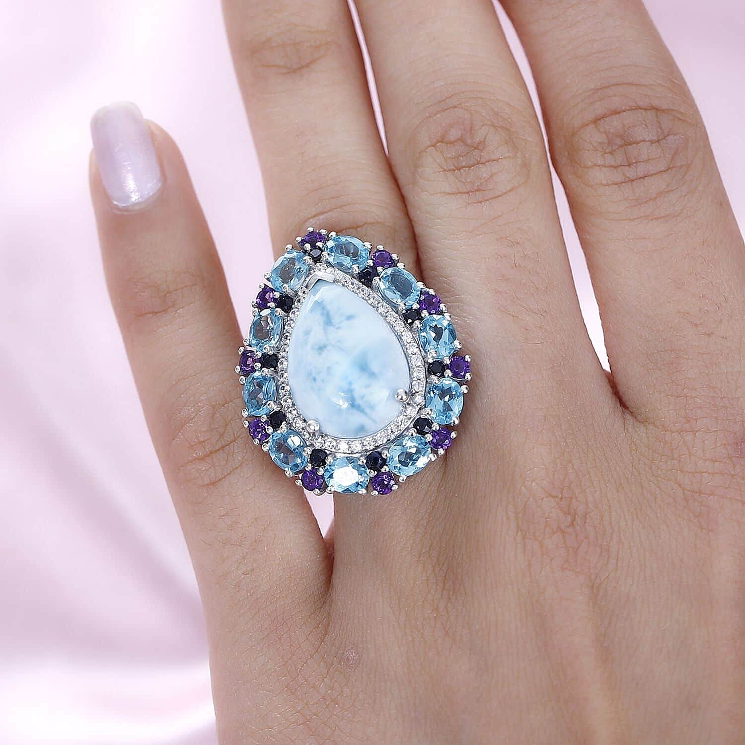 Larimar, Multi Gemstone Ring in Platinum Over Sterling Silver (Size 10.0) 20.40 ctw