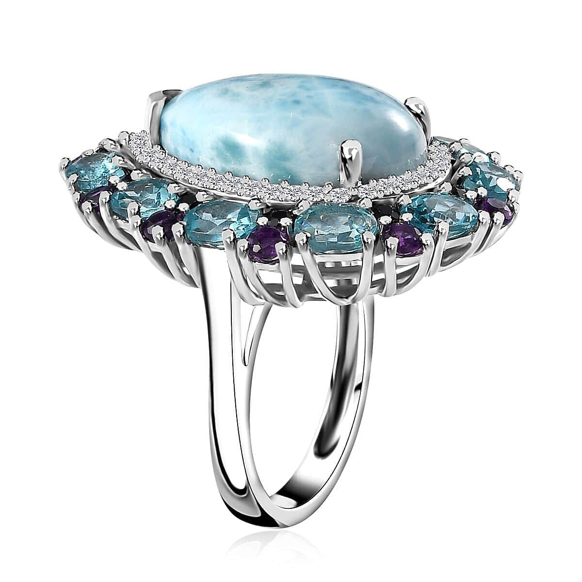 Larimar, Multi Gemstone Ring in Platinum Over Sterling Silver (Size 10.0) 20.40 ctw