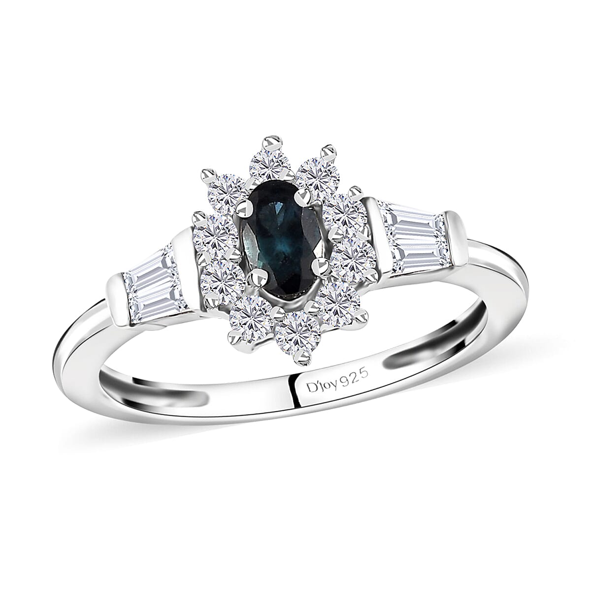 Monte Belo Indicolite and White Zircon Sunburst Ring in Platinum Over Sterling Silver (Size 10.0) 0.85 ctw