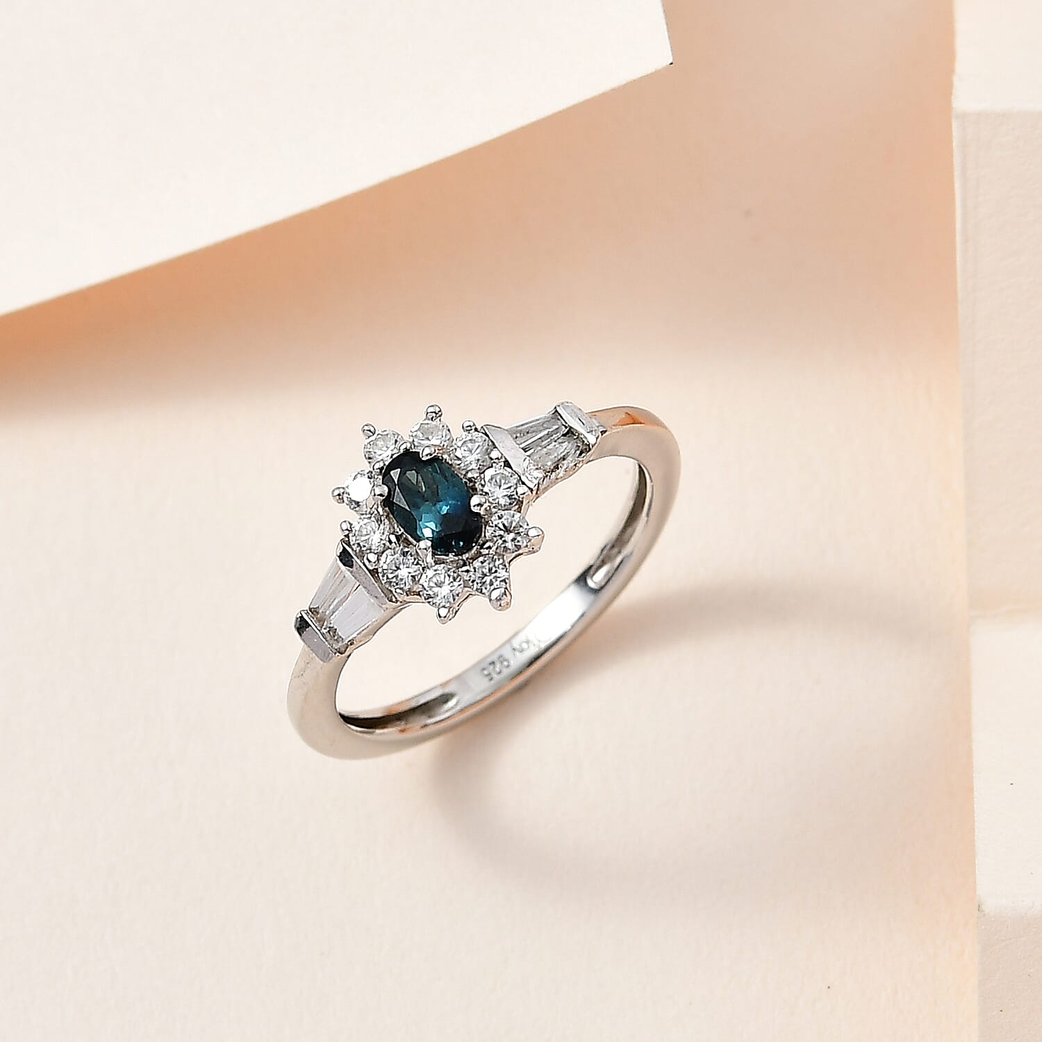 Monte Belo Indicolite and White Zircon Sunburst Ring in Platinum Over Sterling Silver (Size 10.0) 0.85 ctw