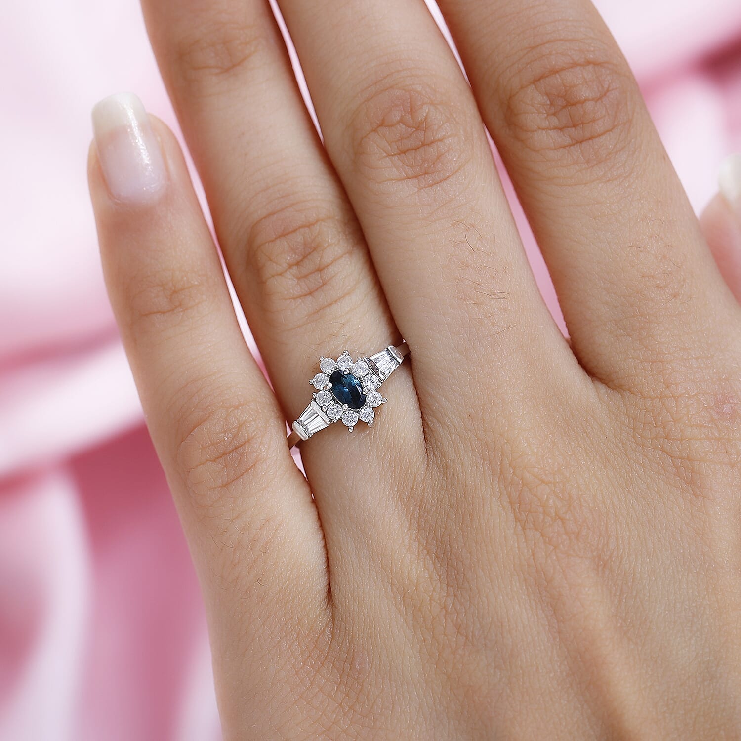 Monte Belo Indicolite and White Zircon Sunburst Ring in Platinum Over Sterling Silver (Size 10.0) 0.85 ctw