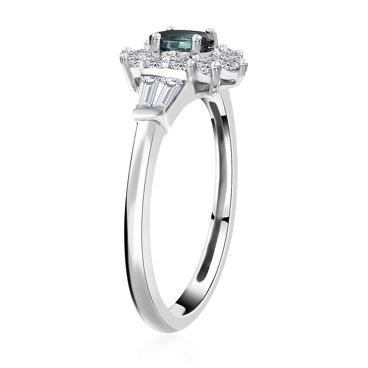 Monte Belo Indicolite and White Zircon Sunburst Ring in Platinum Over Sterling Silver (Size 10.0) 0.85 ctw