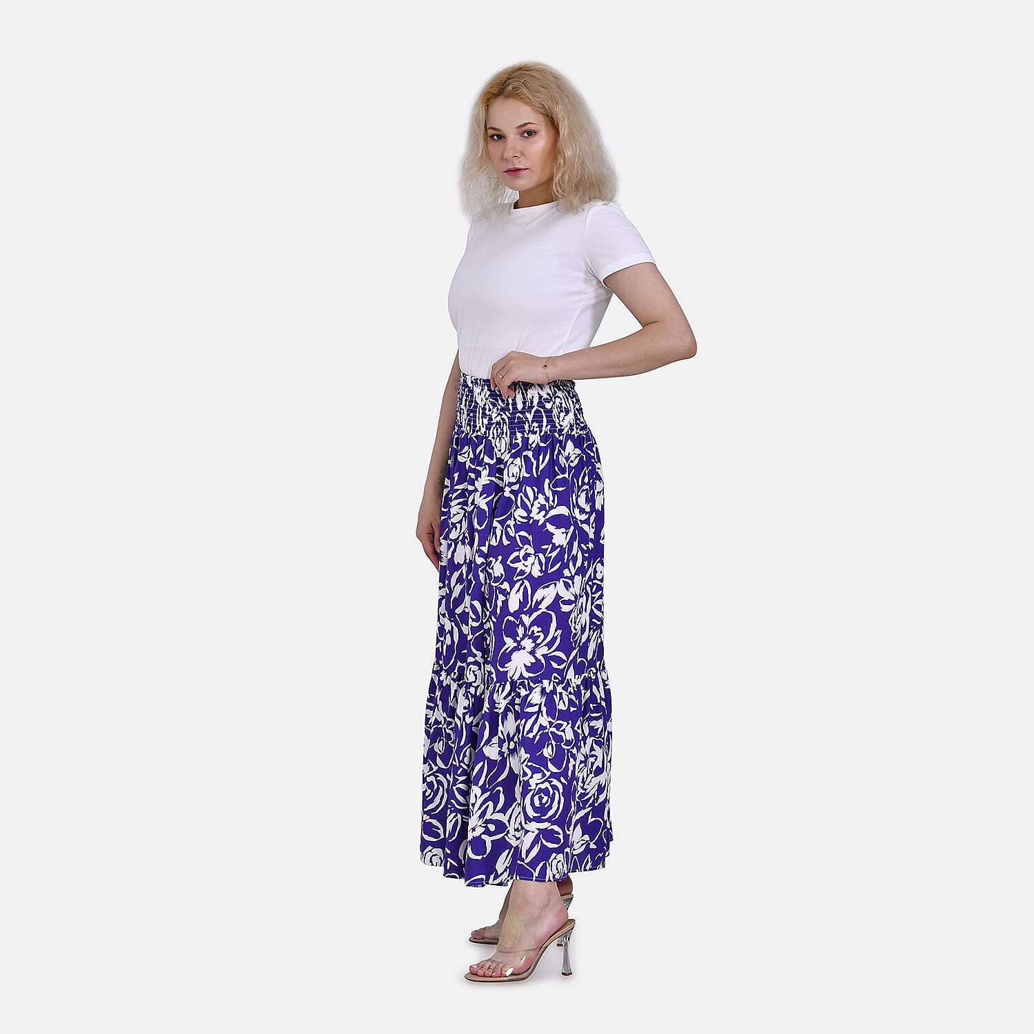 Tamsy Purple Floral Elastic Waist Maxi Skirt - One Size Fits Most