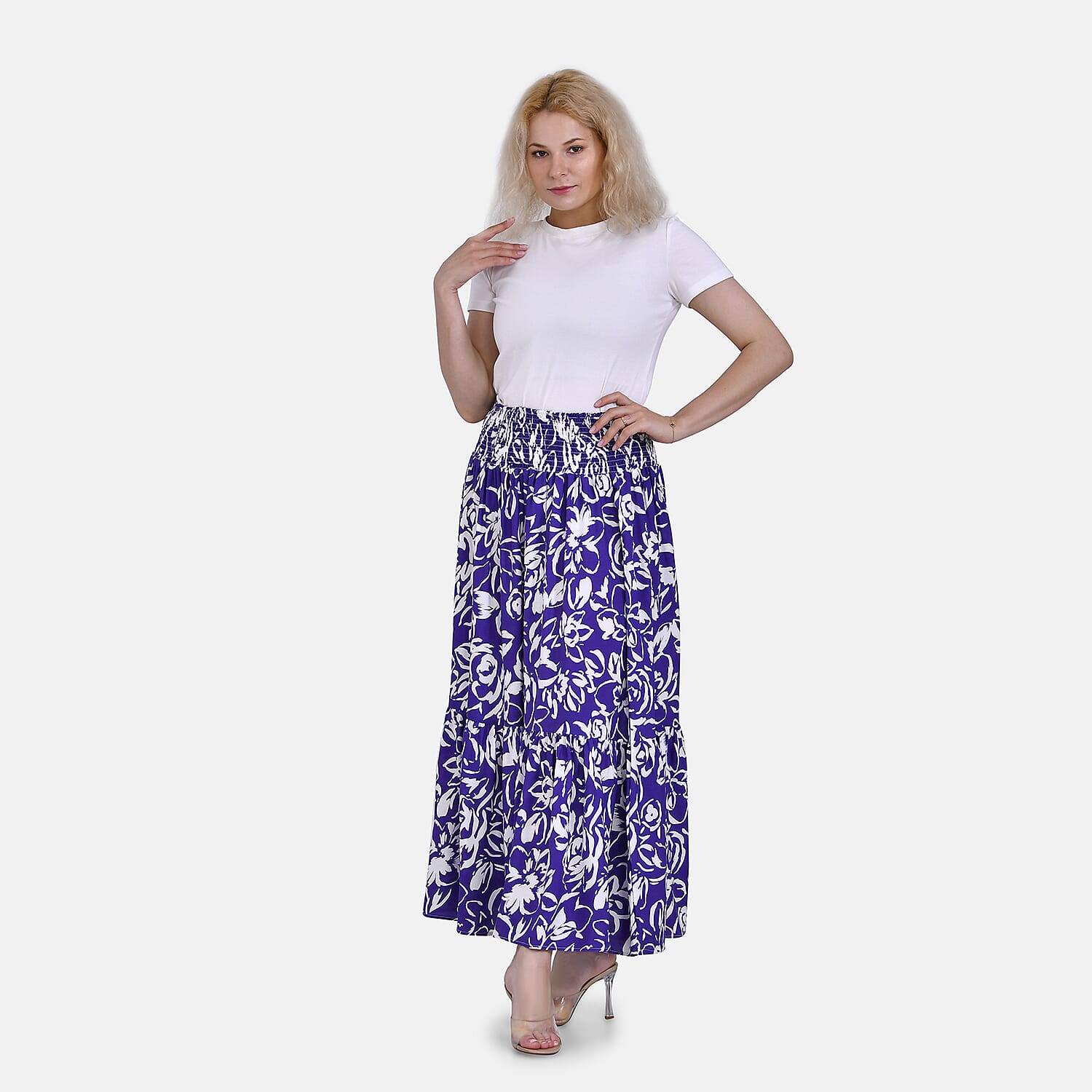 Tamsy Purple Floral Elastic Waist Maxi Skirt - One Size Fits Most