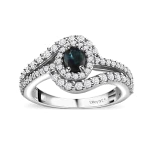 Monte Belo Indicolite and White Zircon Bypass Halo Ring in Platinum Over Sterling Silver (Size 10.0) 1.15 ctw