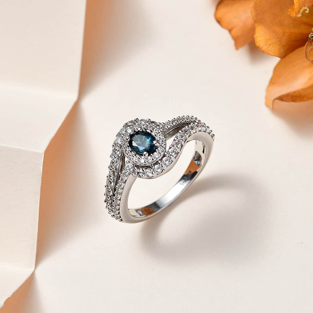 Monte Belo Indicolite and White Zircon Ring in Platinum Over Sterling Silver (Size 10.0) 1.15 ctw image number 1