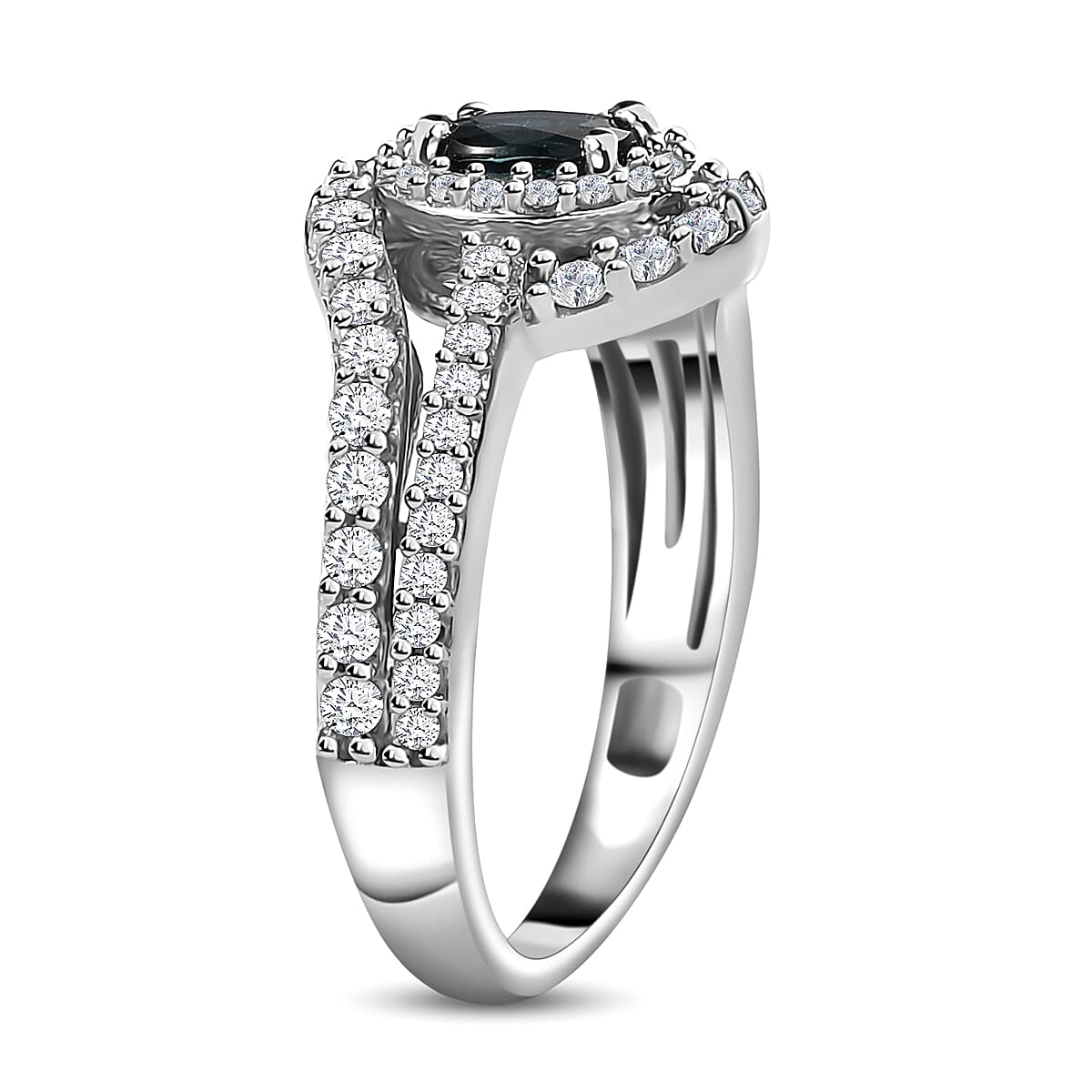Monte Belo Indicolite and White Zircon Bypass Halo Ring in Platinum Over Sterling Silver (Size 10.0) 1.15 ctw