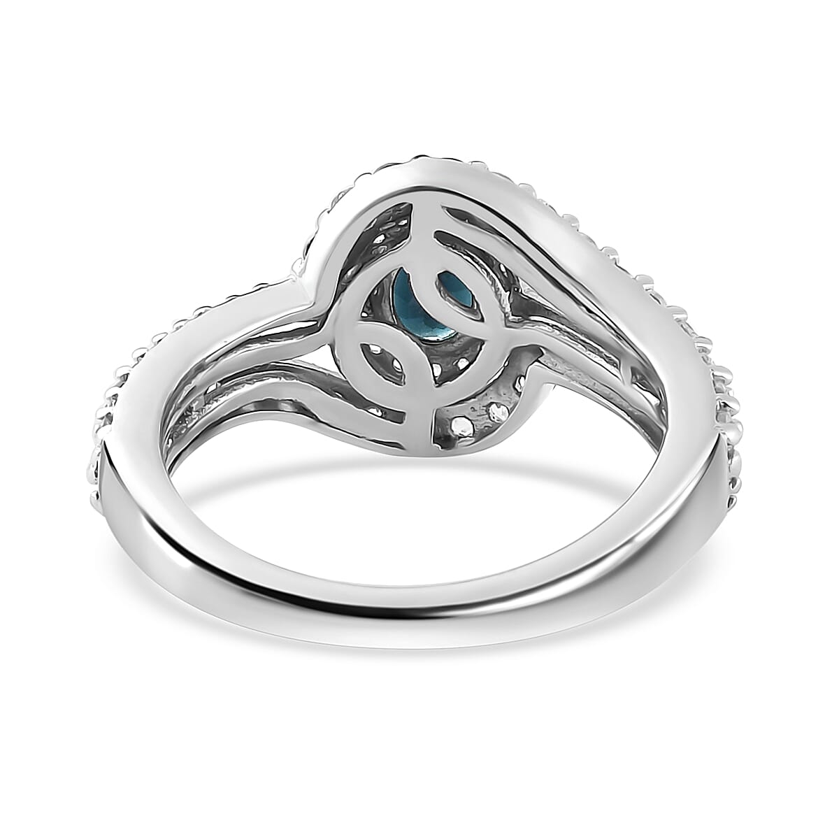 Monte Belo Indicolite and White Zircon Bypass Halo Ring in Platinum Over Sterling Silver (Size 10.0) 1.15 ctw
