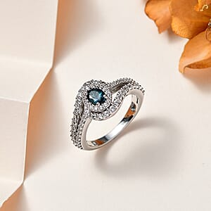 Monte Belo Indicolite and White Zircon Bypass Halo Ring in Platinum Over Sterling Silver (Size 6.0) 1.15 ctw